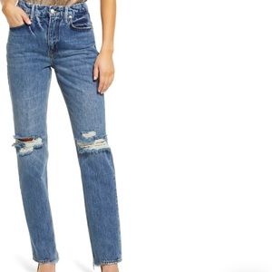 NWT Good American High-Rise Distressed Straight Jeans in Medium Blue